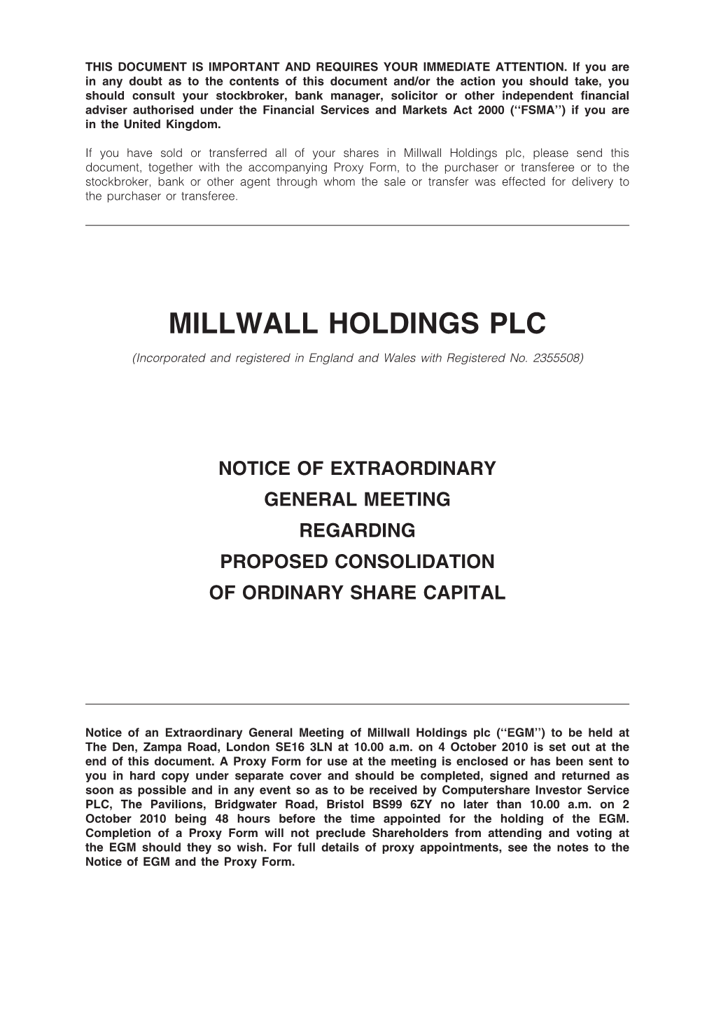 Circular, Share Consolidation and Notice of Meeting