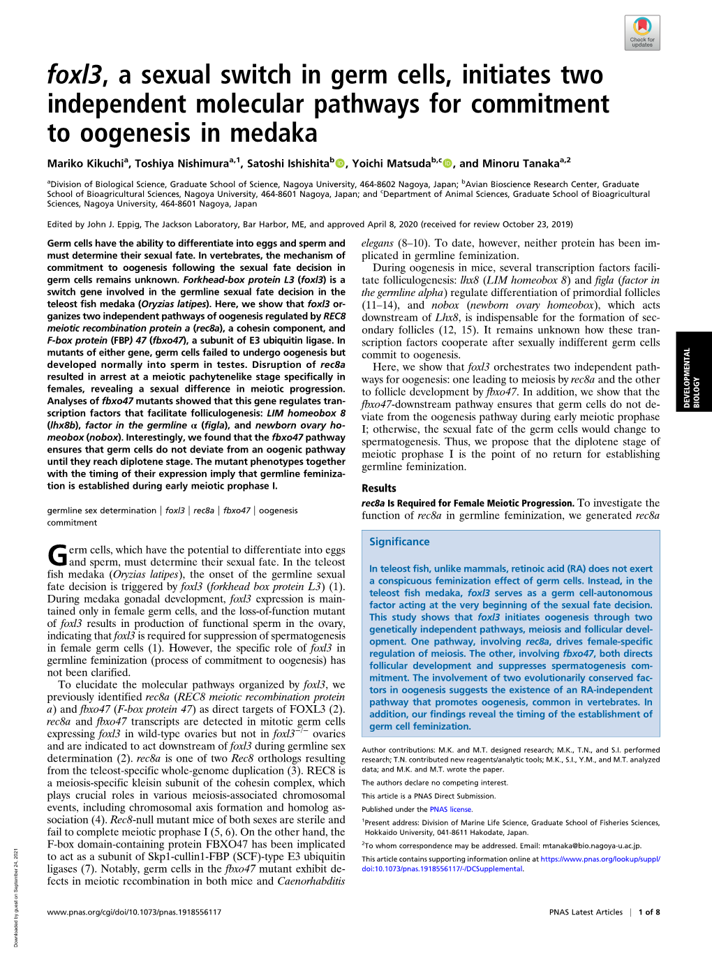 Foxl3, a Sexual Switch in Germ Cells, Initiates Two Independent Molecular Pathways for Commitment to Oogenesis in Medaka