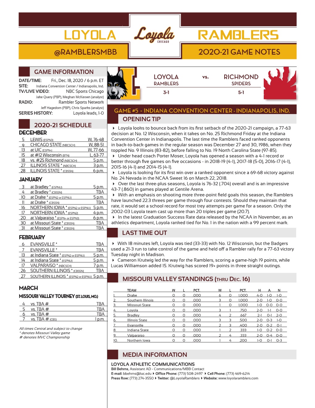 Loyola Ramblers @Ramblersmbb 2020-21 Game Notes