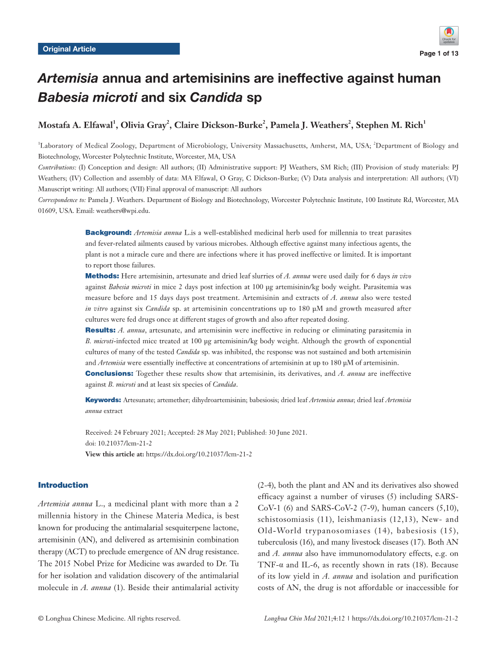 Artemisia Annua and Artemisinins Are Ineffective Against Human Babesia Microti and Six Candida Sp