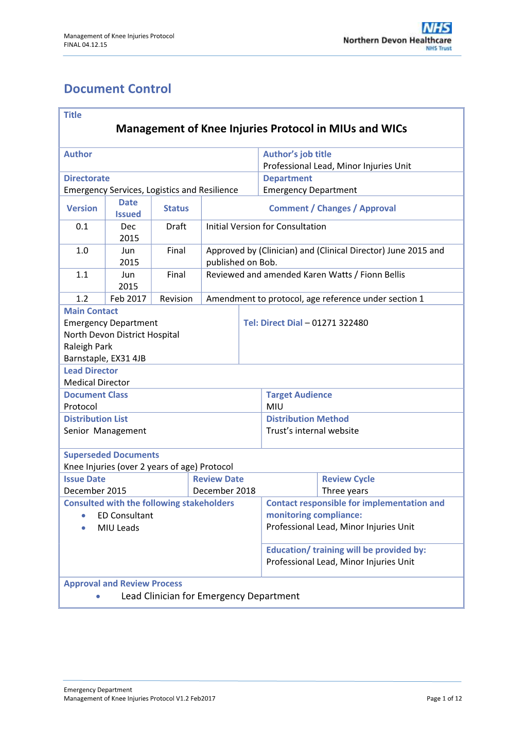 Management of Knee Injuries Protocol in Mius and Wics