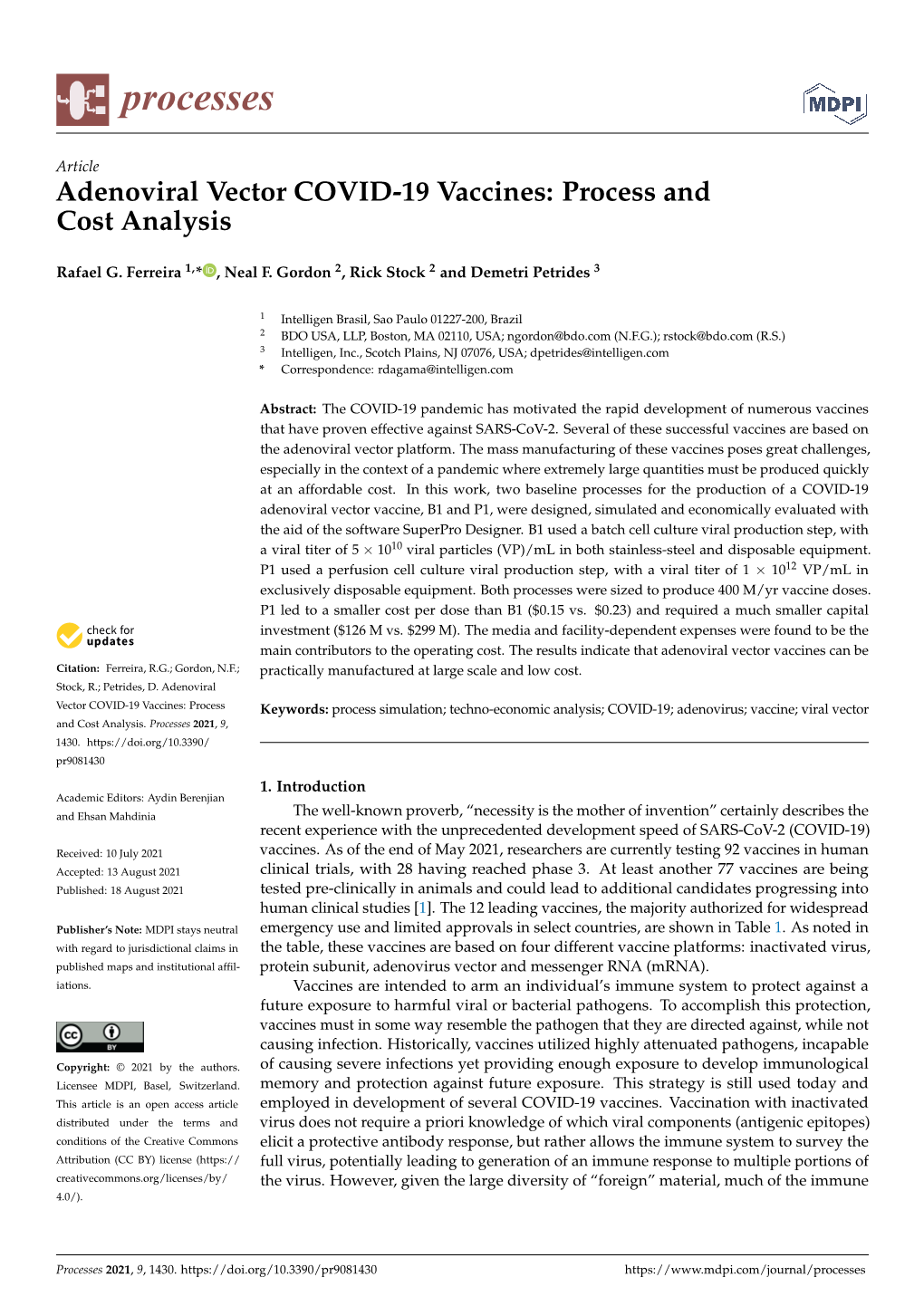 Adenoviral Vector COVID-19 Vaccines: Process and Cost Analysis