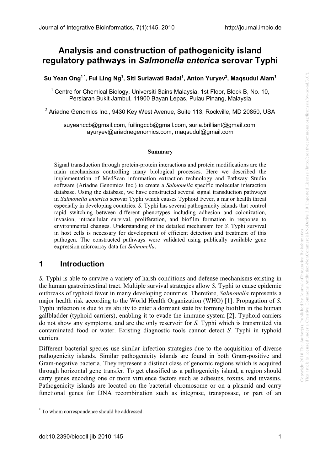 Analysis and Construction of Pathogenicity Island Regulatory Pathways in Salmonella Enterica Serovar Typhi