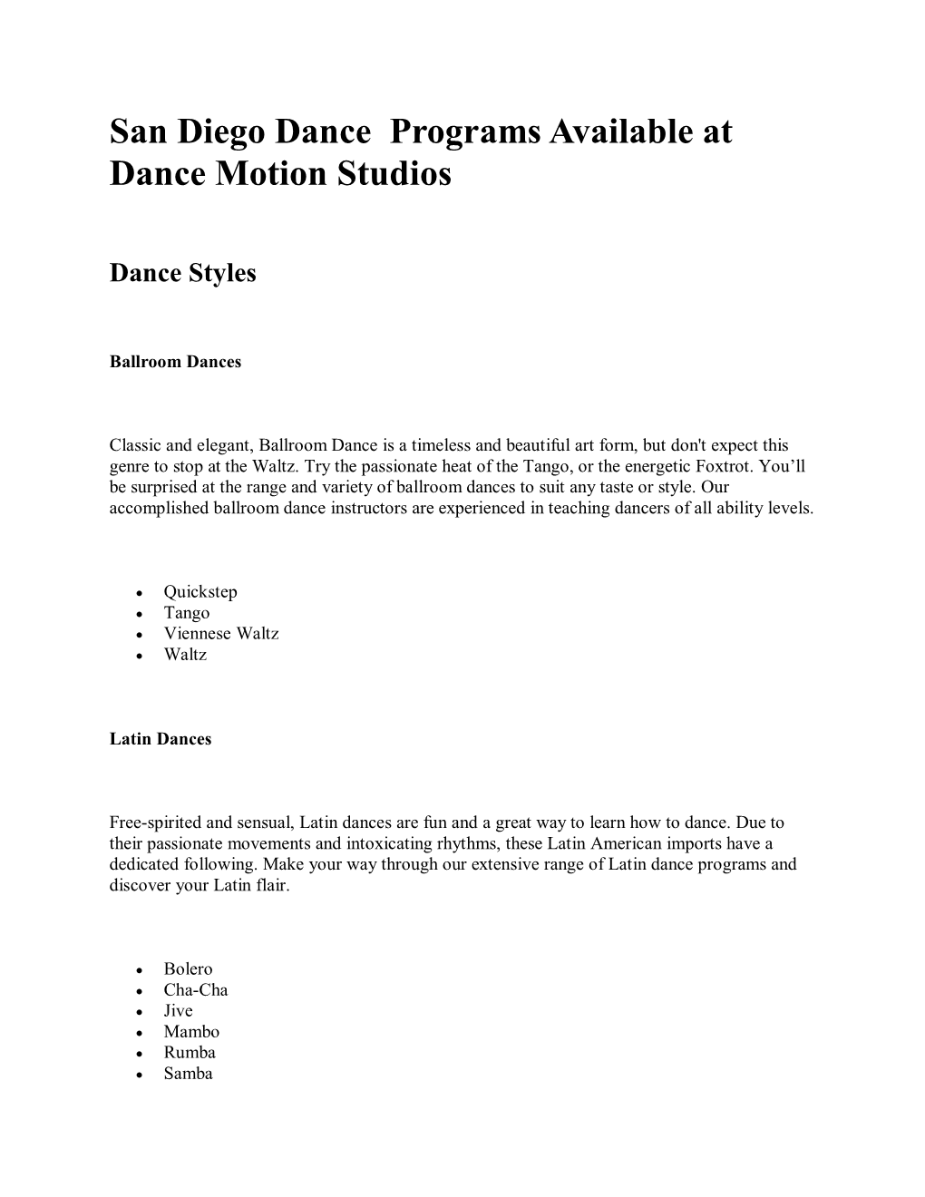 San Diego Dance Programs Available at Dance Motion Studios