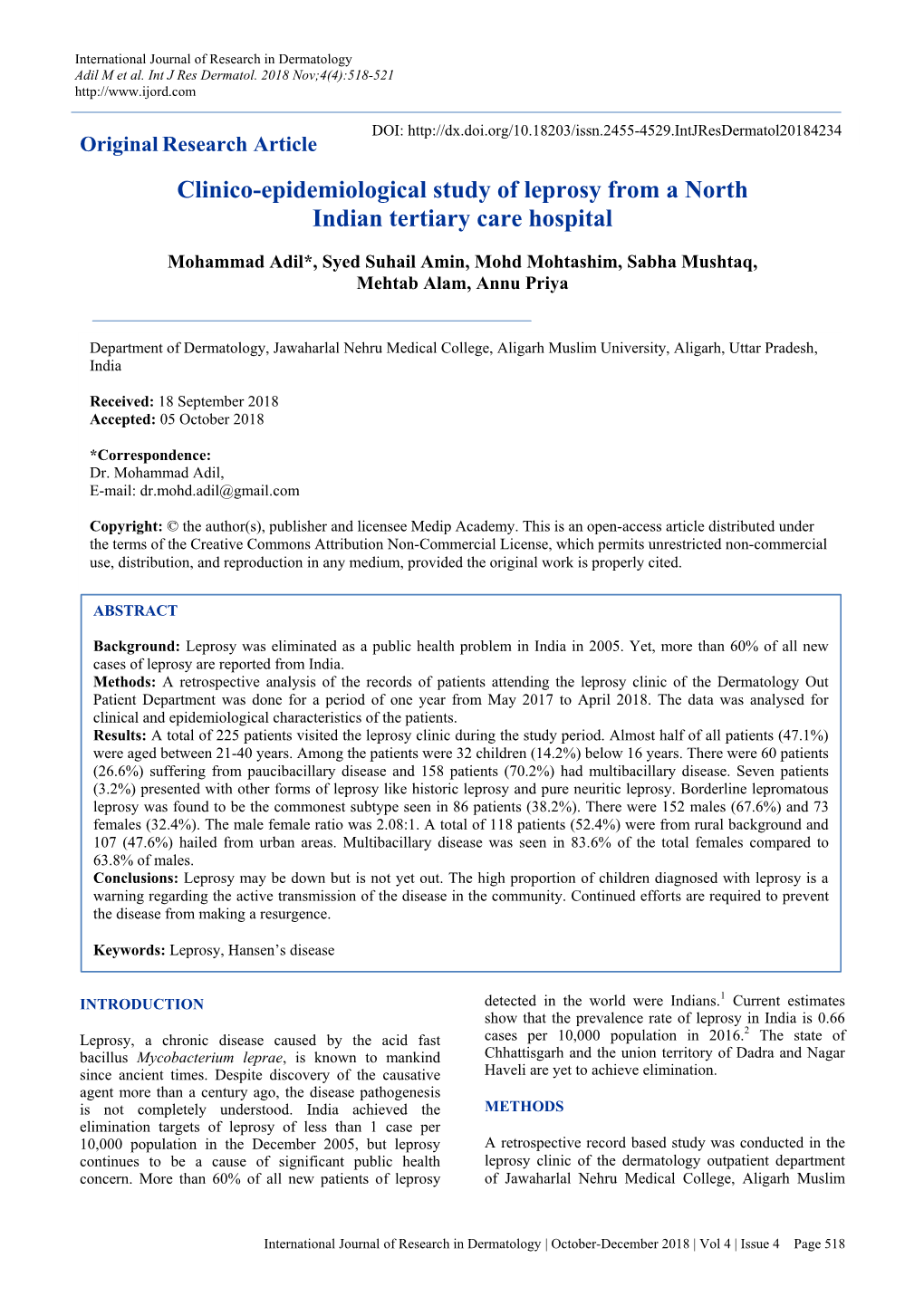 Clinico-Epidemiological Study of Leprosy from a North Indian Tertiary Care Hospital