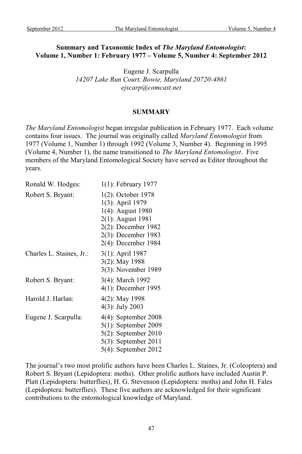 Taxonomic Index of the Maryland Entomologist, 1977 to 2012