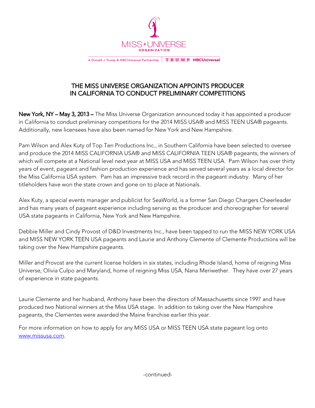 The Miss Universe Organization Appoints Producer in California to Conduct Preliminary Competitions