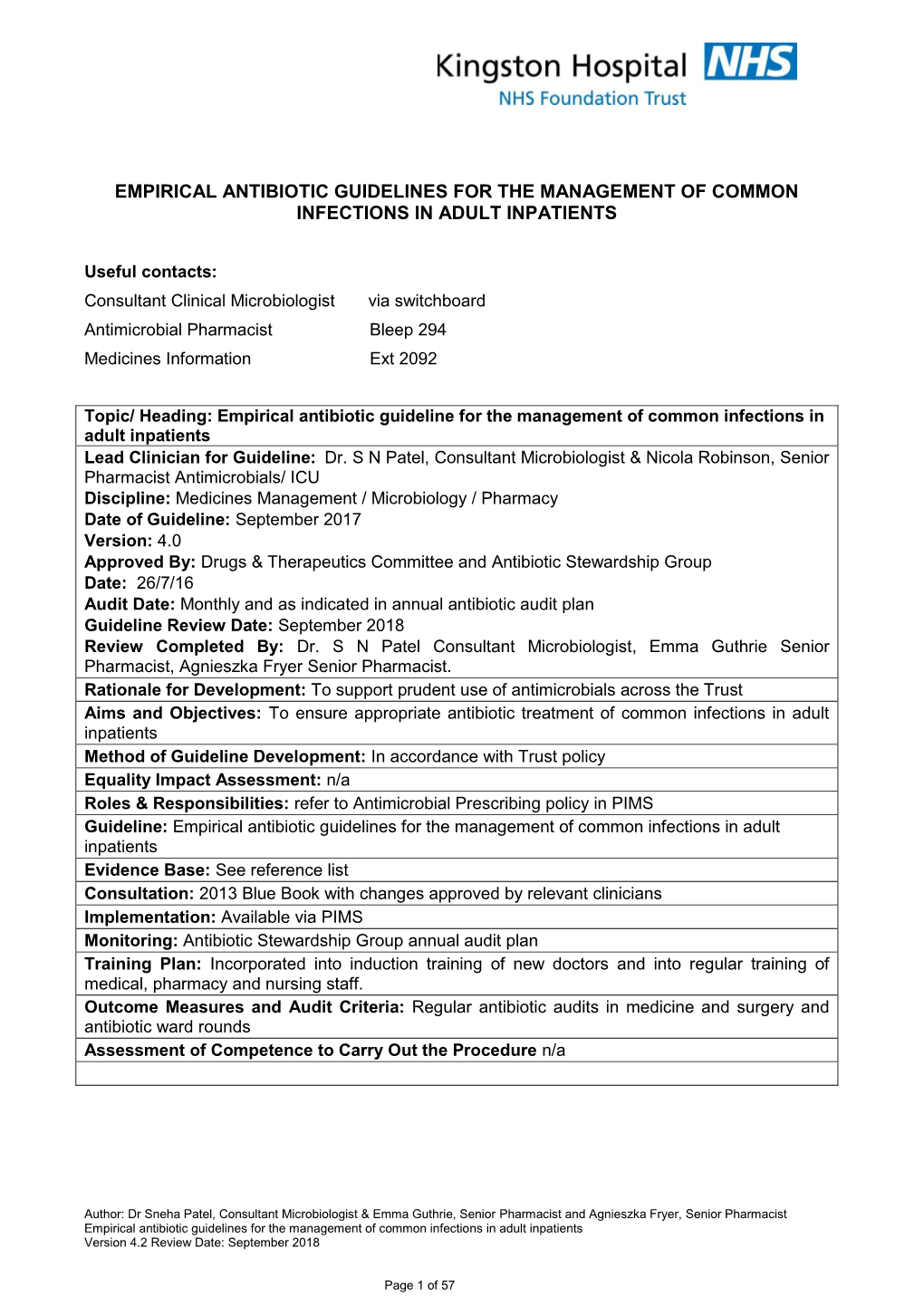 Empirical Antibiotic Guidelines for the Management of Common Infections in Adult Inpatients