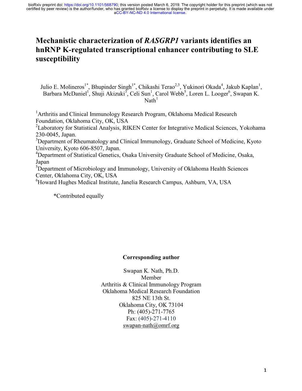 Mechanistic Characterization of RASGRP1 Variants Identifies an Hnrnp K-Regulated Transcriptional Enhancer Contributing to SLE Susceptibility