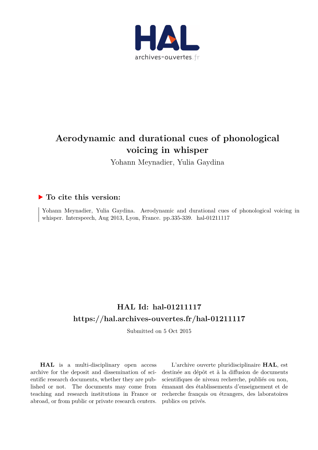 Aerodynamic and Durational Cues of Phonological Voicing in Whisper Yohann Meynadier, Yulia Gaydina