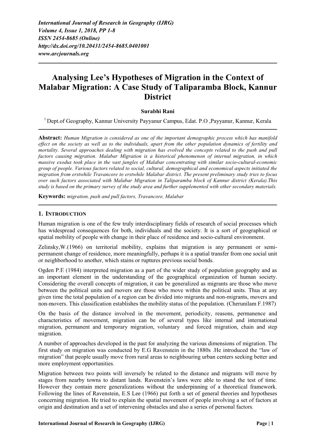 Analysing Lee's Hypotheses of Migration in the Context of Malabar