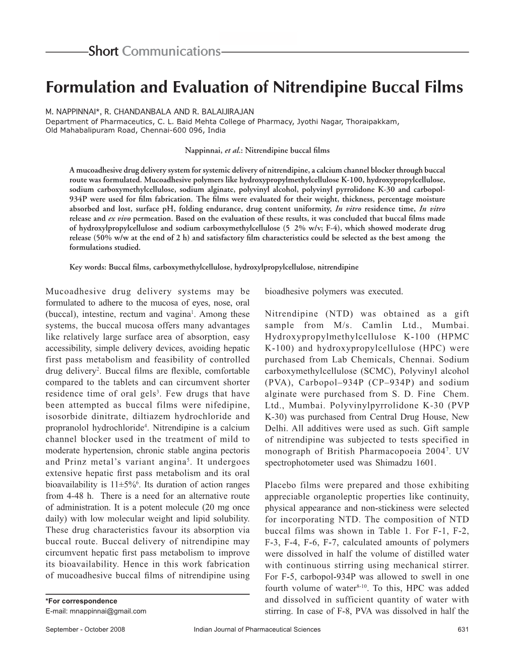 Formulation and Evaluation of Nitrendipine Buccal Films