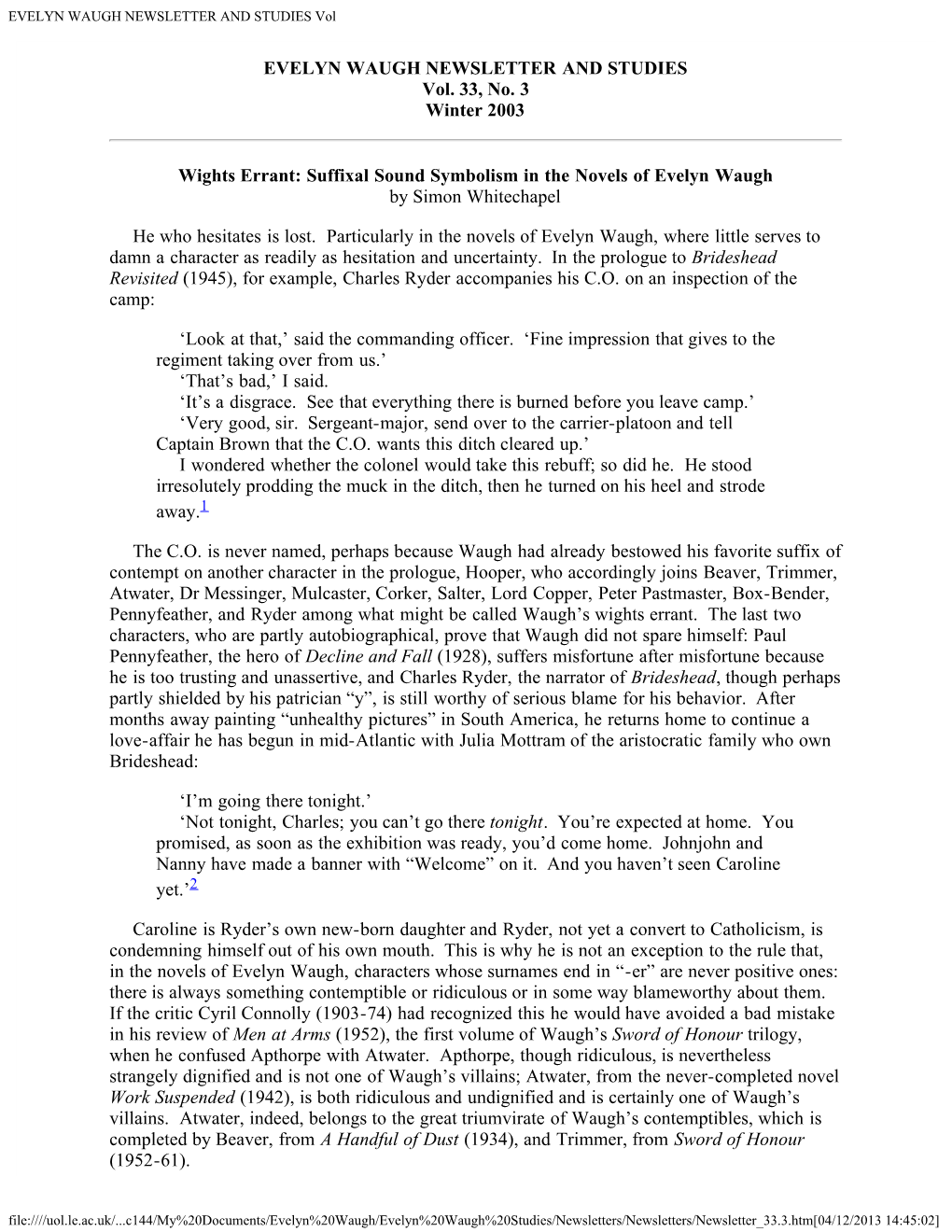 EVELYN WAUGH NEWSLETTER and STUDIES Vol