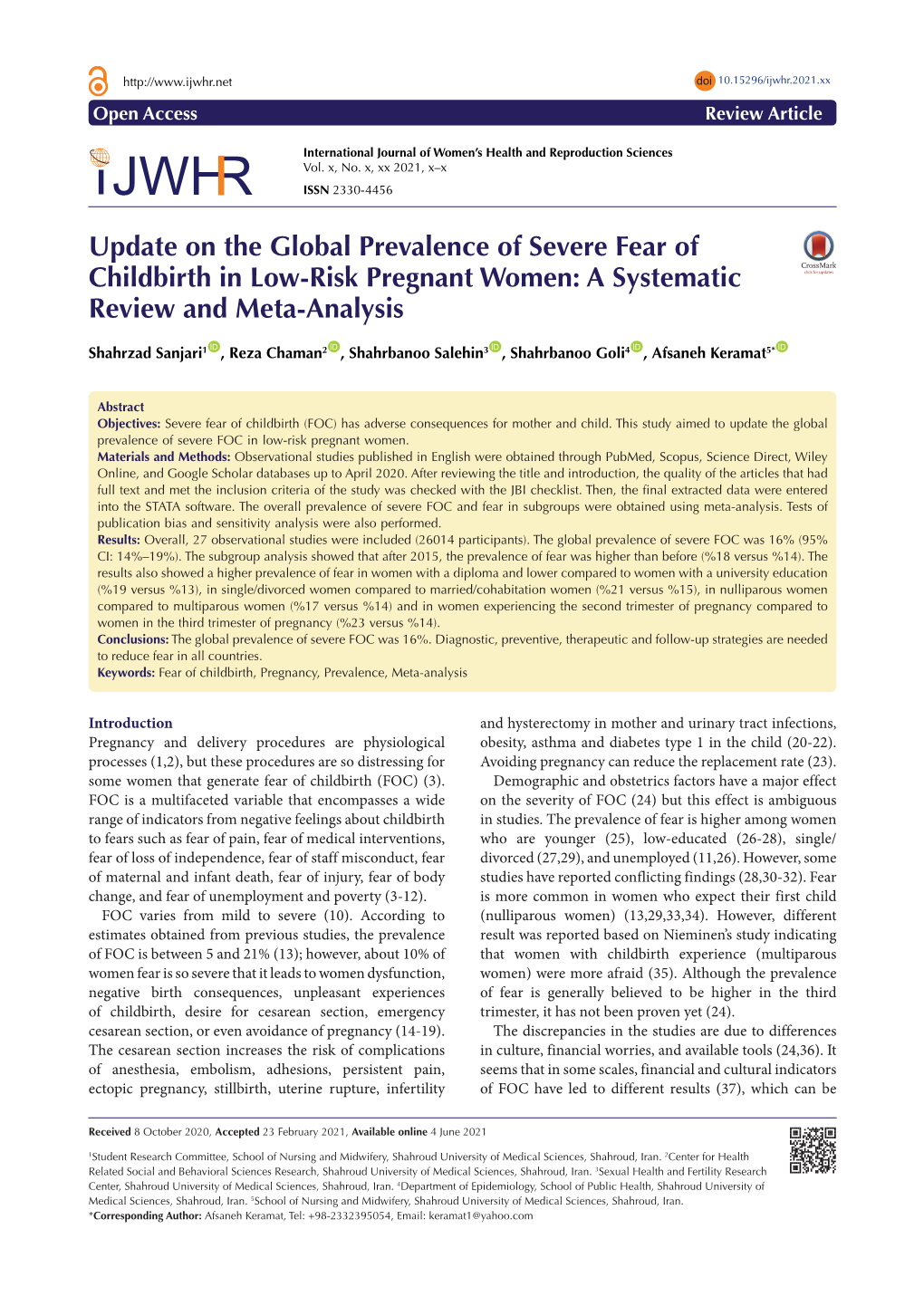 Update on the Global Prevalence of Severe Fear of Childbirth in Low-Risk Pregnant Women: a Systematic Review and Meta-Analysis