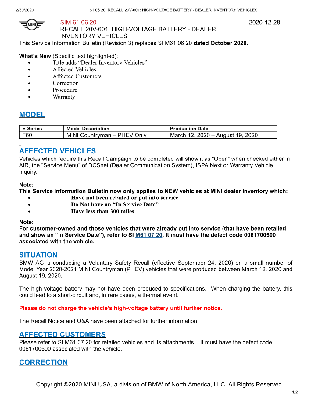 Model Affected Vehicles Situation Affected