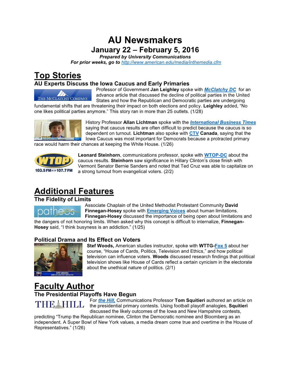 AU Newsmakers January 22 – February 5, 2016 Prepared by University Communications for Prior Weeks, Go To