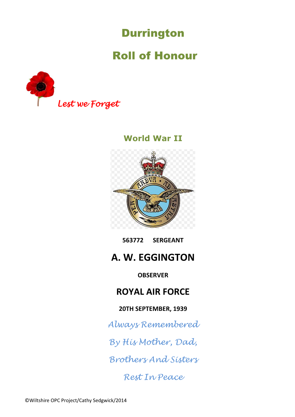 Durrington Roll of Honour A. W. EGGINGTON