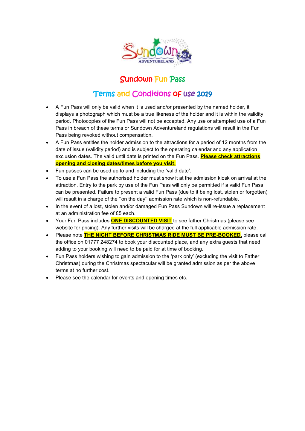 Sundown Fun Pass Terms and Conditions of Use 2019