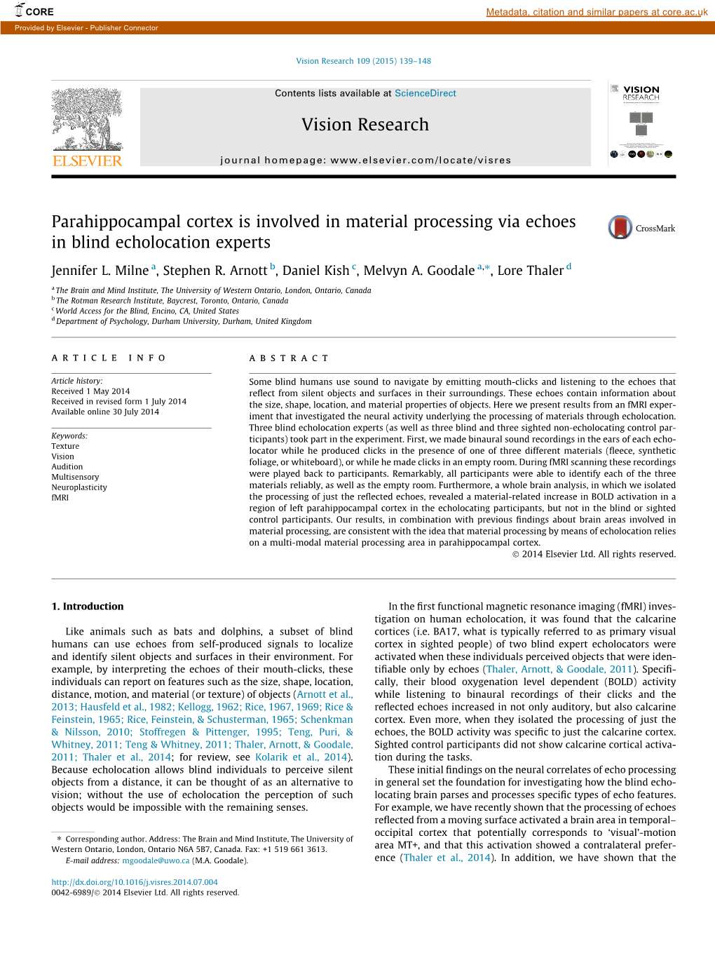 Parahippocampal Cortex Is Involved in Material Processing Via Echoes in Blind Echolocation Experts ⇑ Jennifer L