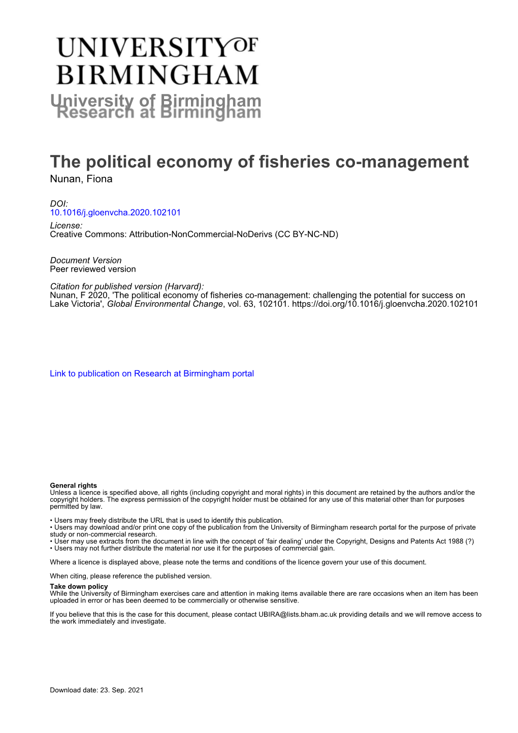 University of Birmingham the Political Economy of Fisheries Co-Management