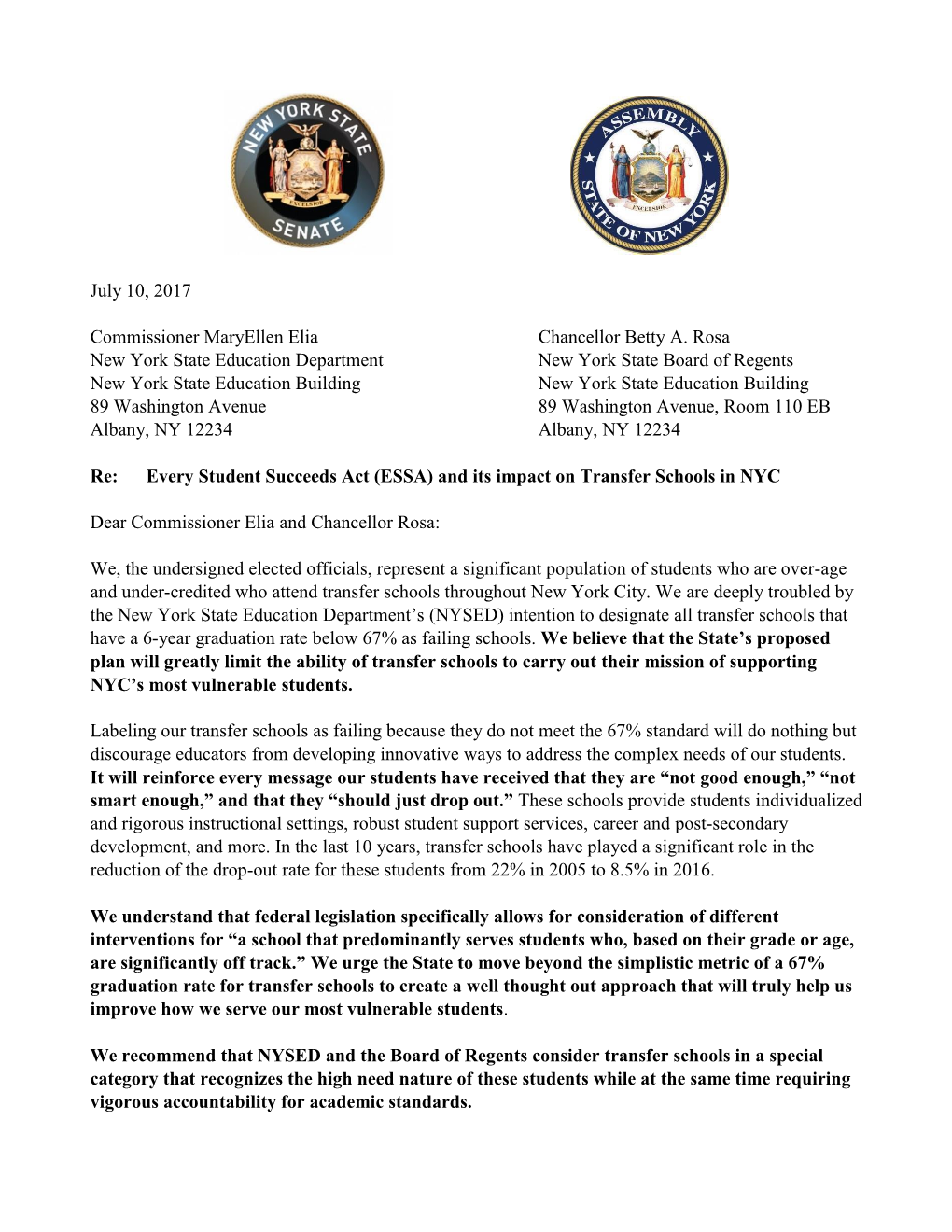 ESSA Impact on NYC Transfer Schools Joint Letter