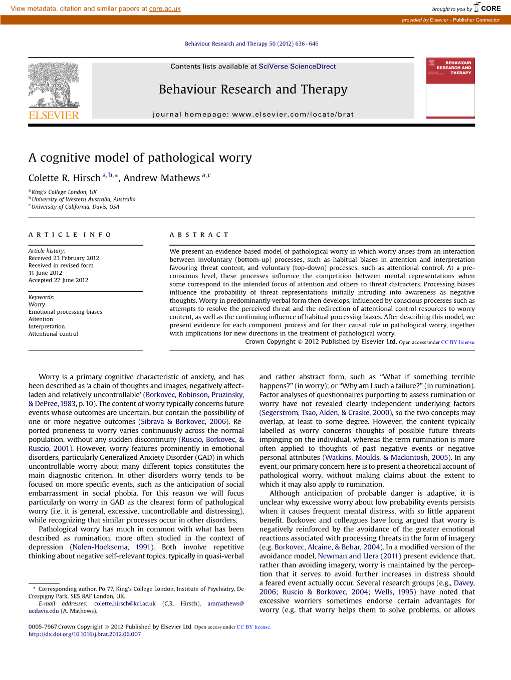 A Cognitive Model of Pathological Worry