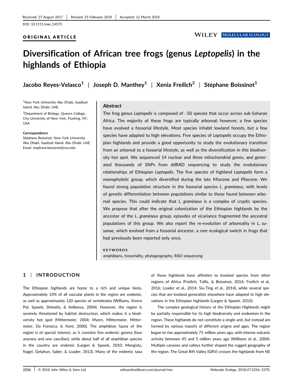 Diversification of African Tree Frogs (Genus Leptopelis) in the Highlands of Ethiopia