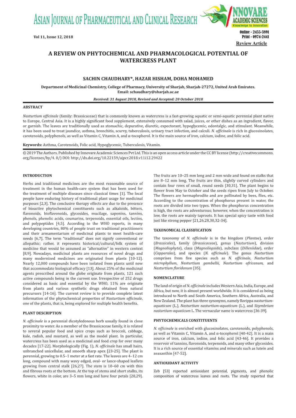 A Review on Phytochemical and Pharmacological Potential of Watercress Plant