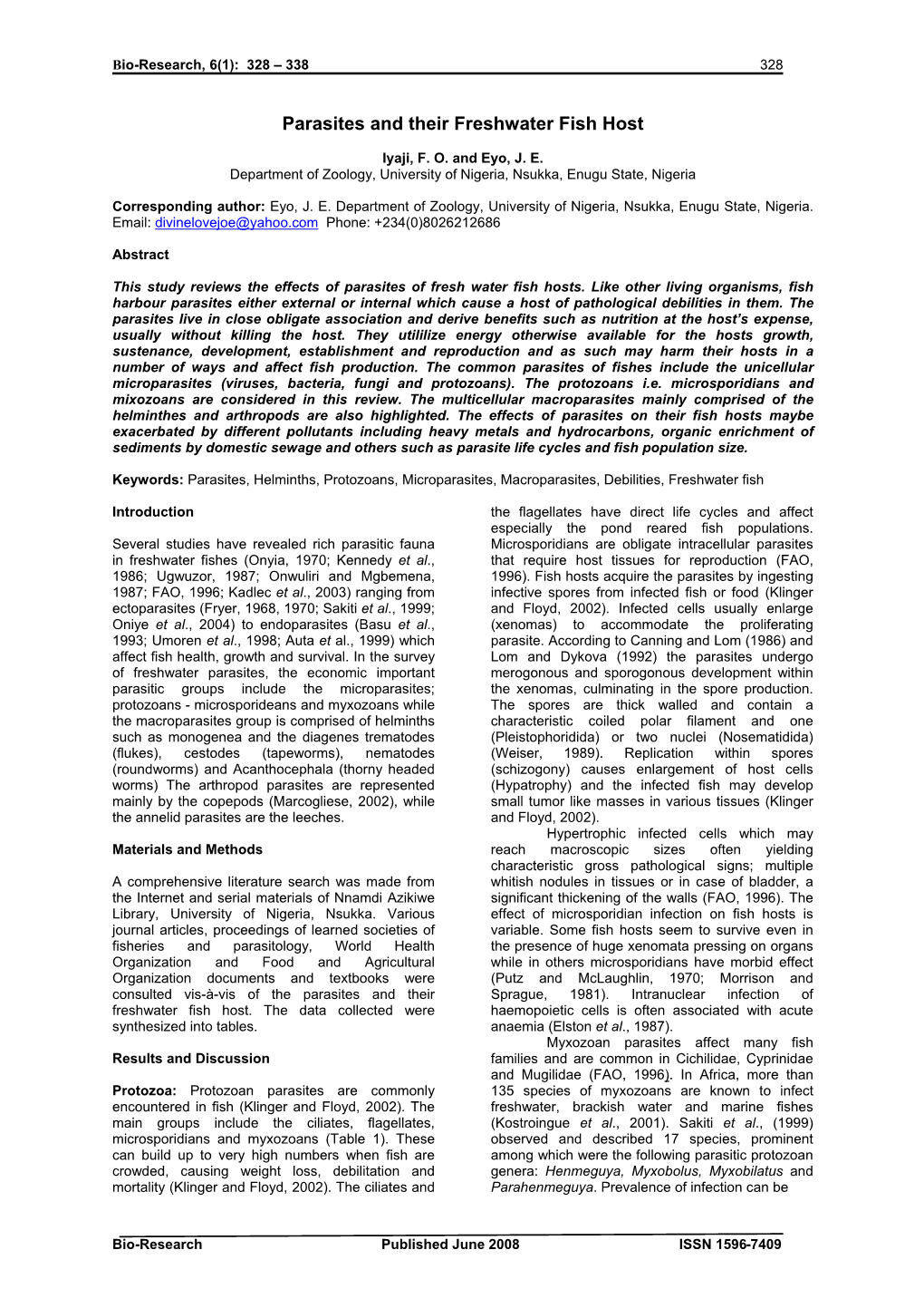 Parasites and Their Freshwater Fish Host