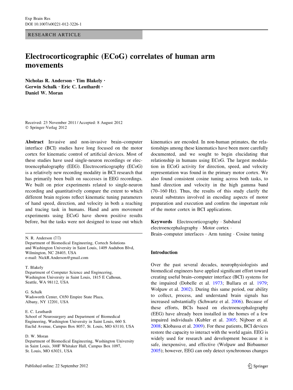 Electrocorticographic (Ecog) Correlates of Human Arm Movements