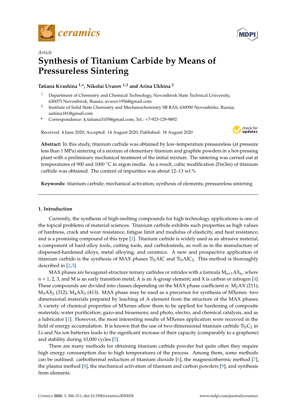 Synthesis of Titanium Carbide by Means of Pressureless Sintering