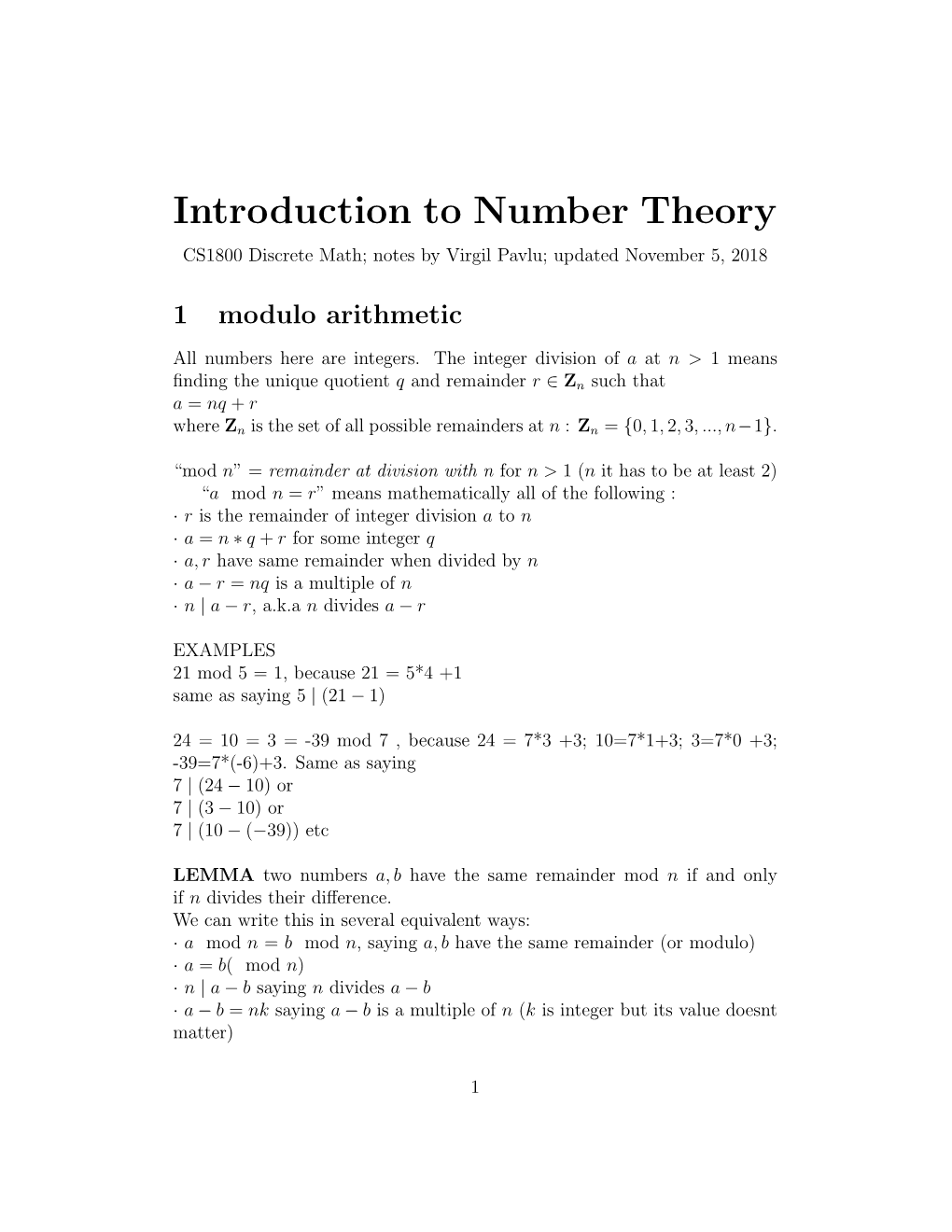 Introduction to Number Theory CS1800 Discrete Math; Notes by Virgil Pavlu; Updated November 5, 2018