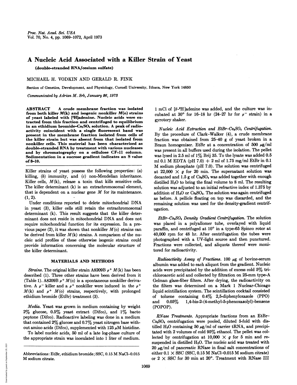 A Nucleic Acid Associated with a Killer Strain of Yeast (Double-Stranded RNA/Cesium Sulfate)