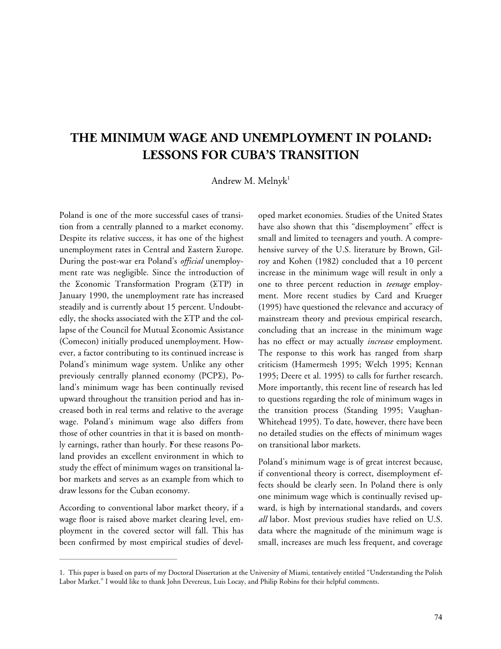 The Minimum Wage and Unemployment in Poland: Lessons for Cuba’S Transition