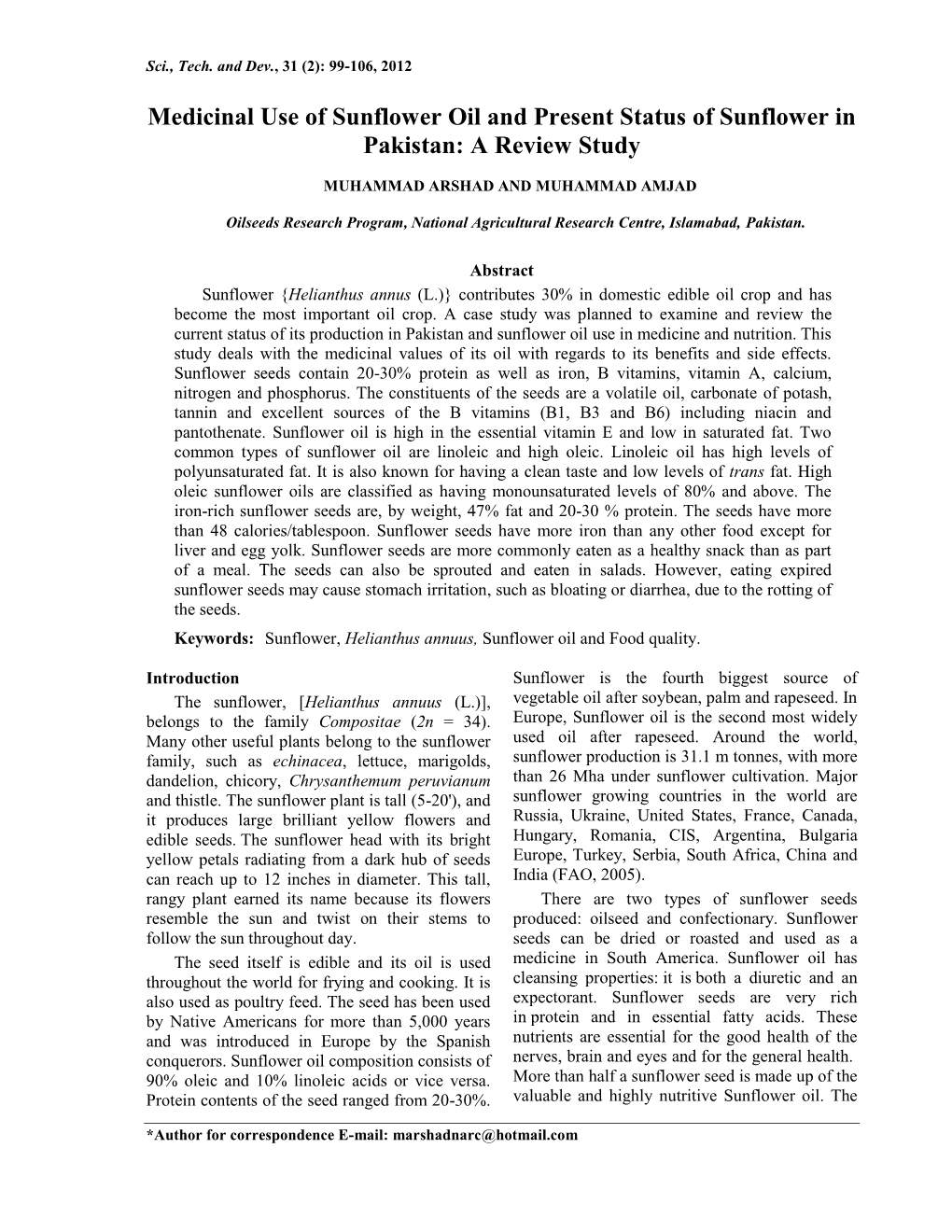 Medicinal Use of Sunflower Oil and Present Status of Sunflower in Pakistan: a Review Study