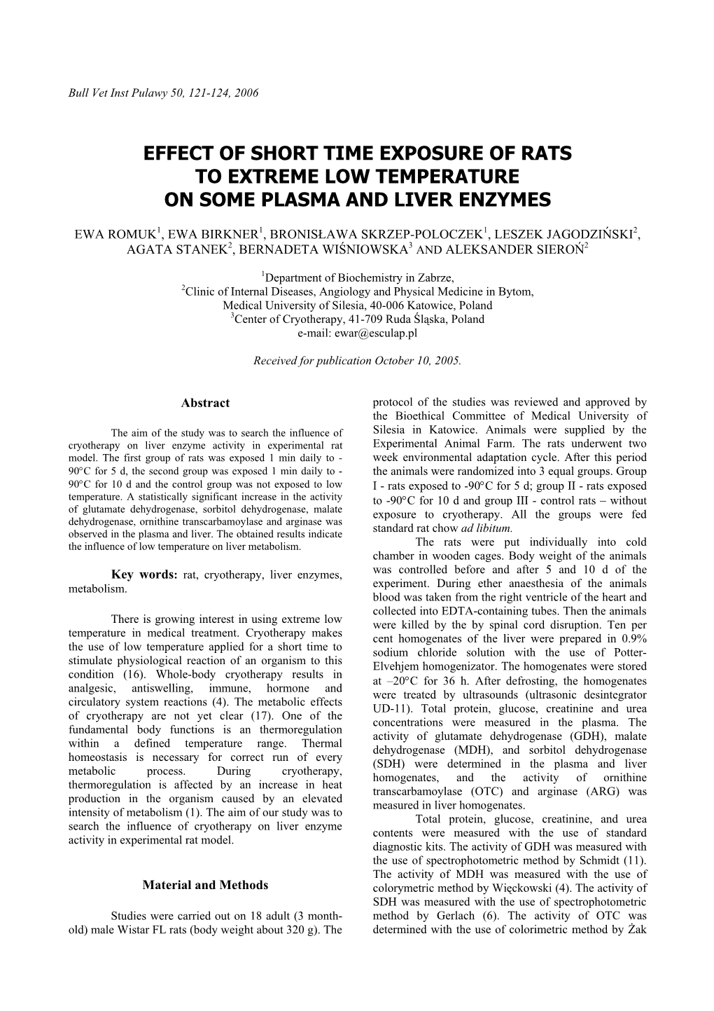 Effect of Short Time Exposure of Rats to Extreme Low Temperature on Some Plasma and Liver Enzymes