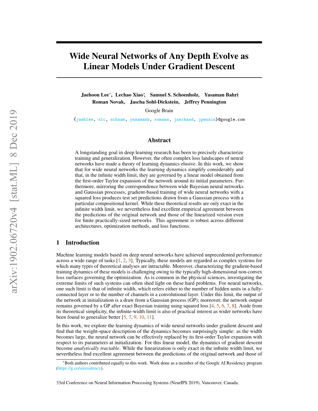 Wide Neural Networks of Any Depth Evolve As Linear Models Under Gradient Descent