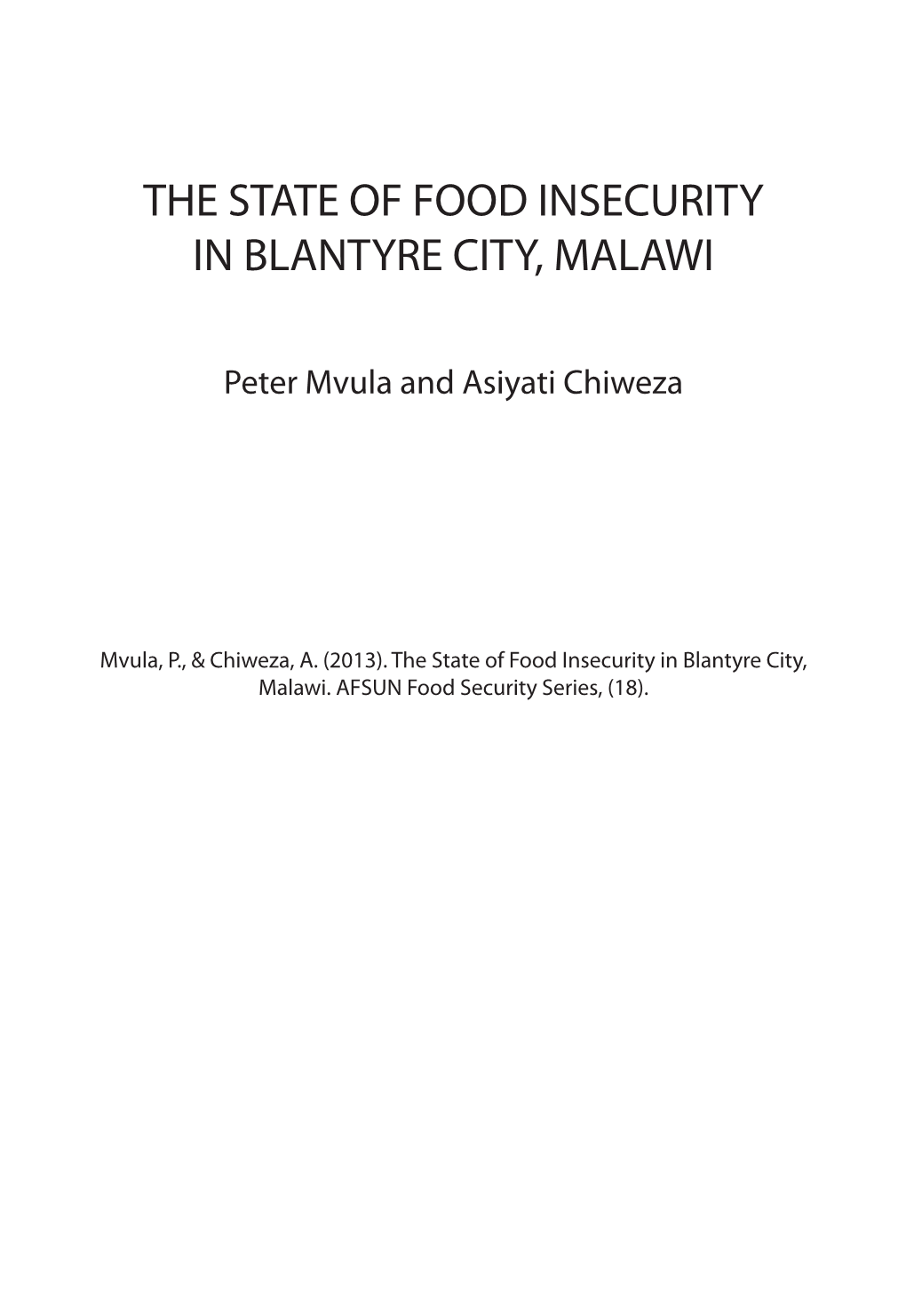 No. 18: the State of Food Insecurity in Blantyre City, Malawi
