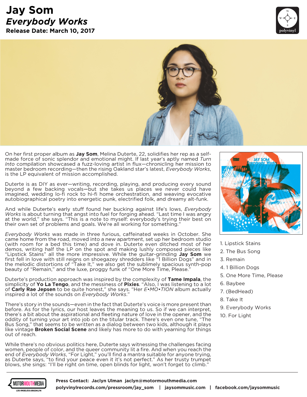 Jay Som Everybody Works Release Date: March 10, 2017