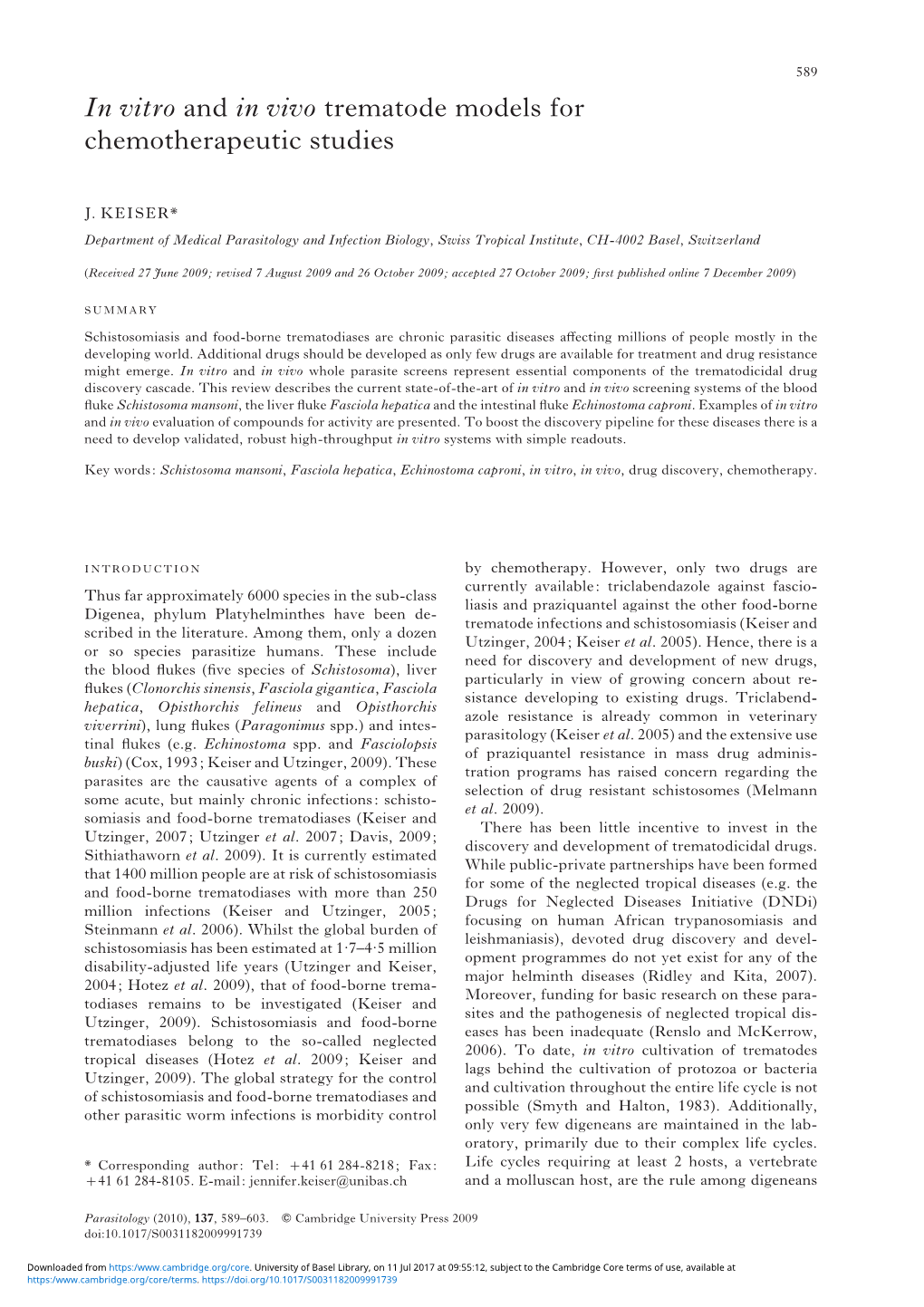 In Vitro and in Vivo Trematode Models for Chemotherapeutic Studies