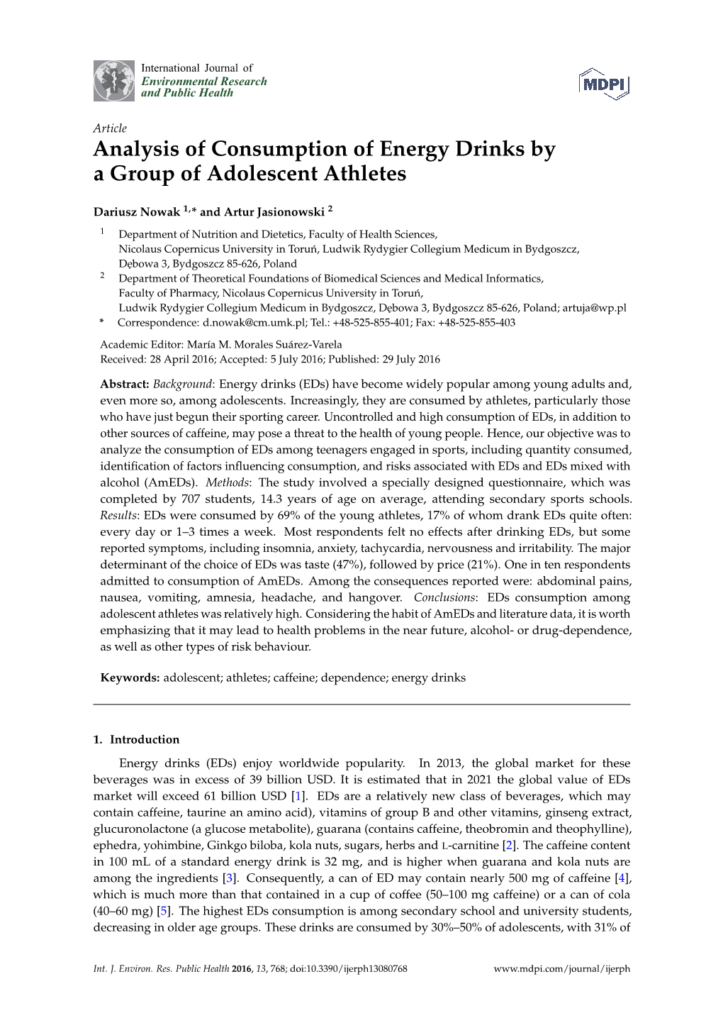 Analysis of Consumption of Energy Drinks by a Group of Adolescent Athletes
