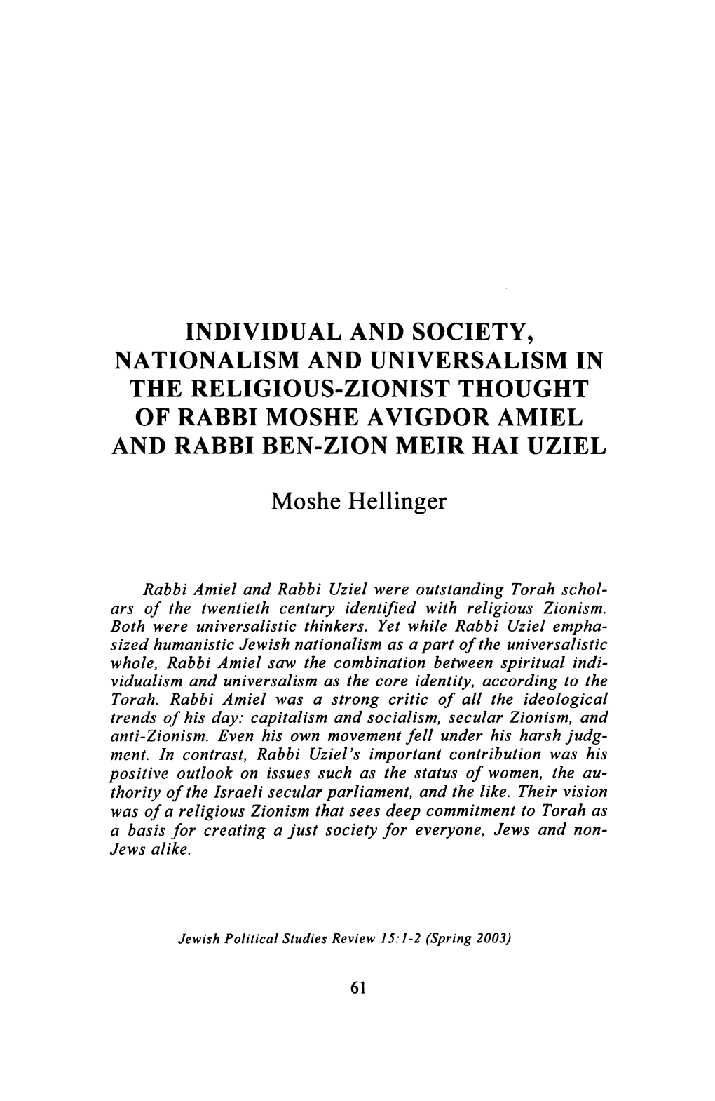 Individual and Society, Nationalism and Universalism in the Religious-Zionist Thought of Rabbi Moshe Avigdor Amiel and Rabbi Ben-Zion Meir Hai Uziel