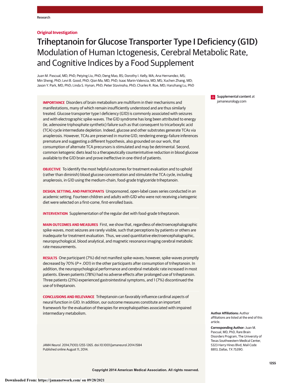 Triheptanoin for Glucose Transporter Type I Deficiency (G1D) Modulation of Human Ictogenesis, Cerebral Metabolic Rate, and Cognitive Indices by a Food Supplement