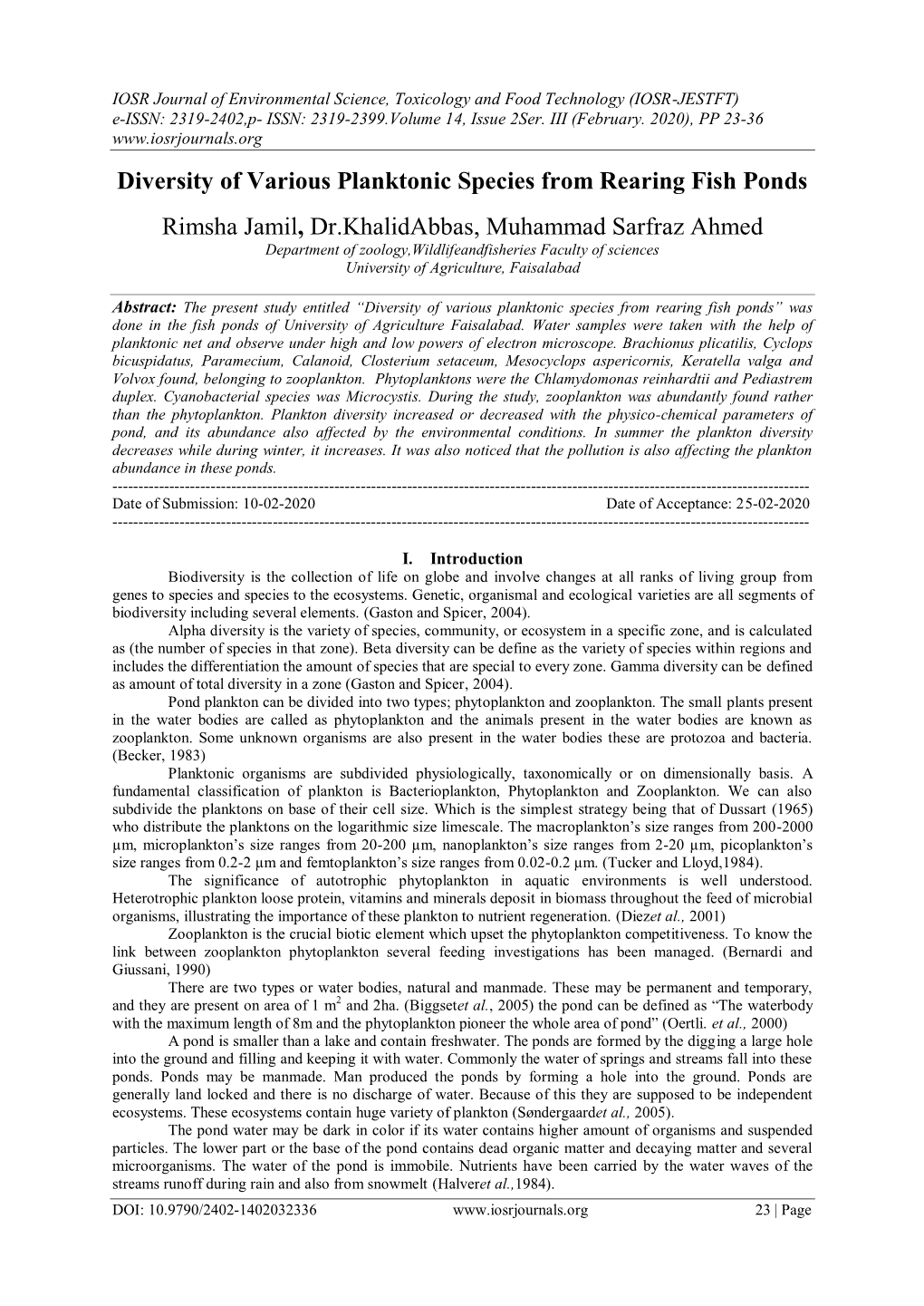 Diversity of Various Planktonic Species from Rearing Fish Ponds