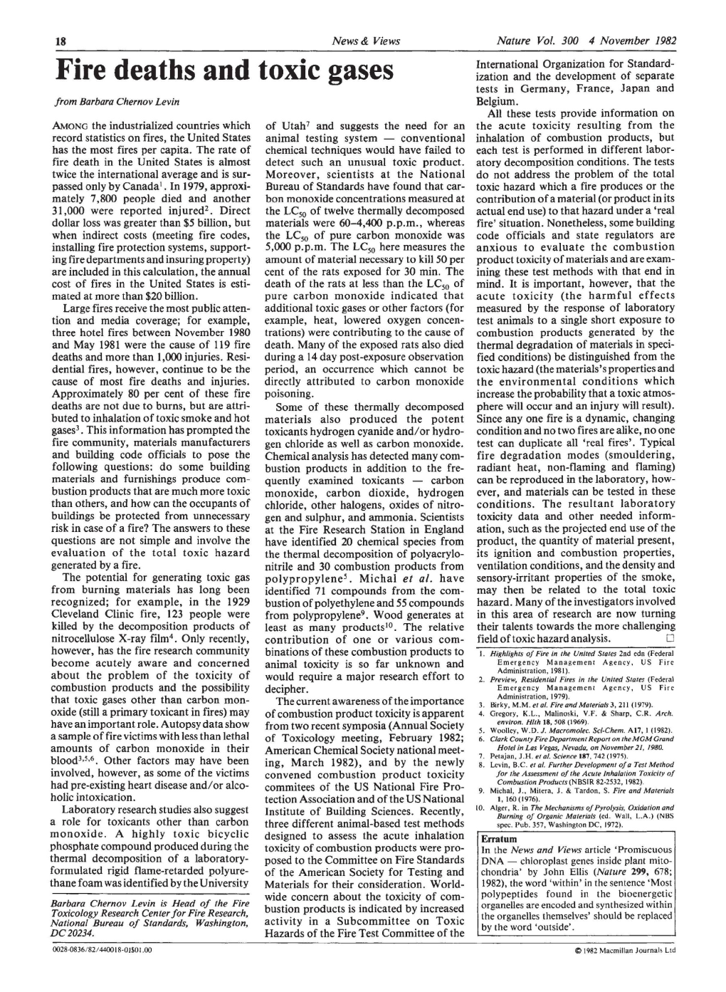 Fire Deaths and Toxic Gases Ization and the Development of Separate Tests in Germany, France, Japan and from Barbara Chernov Levin Belgium