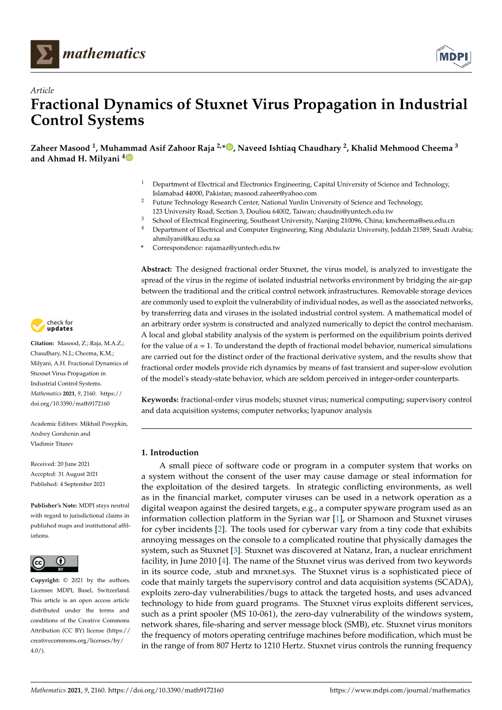 Fractional Dynamics of Stuxnet Virus Propagation in Industrial Control Systems