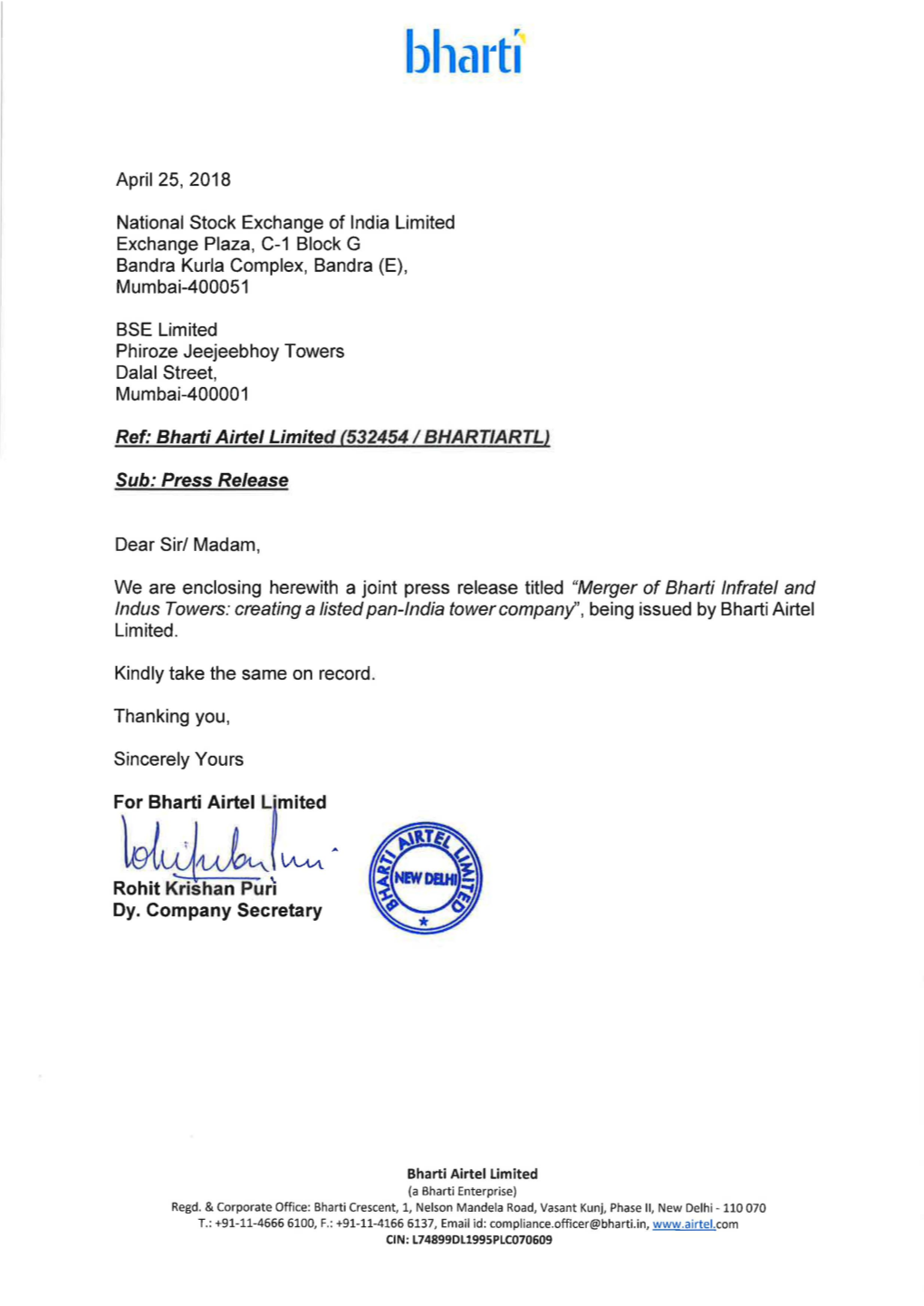 Ref: Bharfi Airfel Limited (532454 / BHARTIARTL) Sub: Press Release