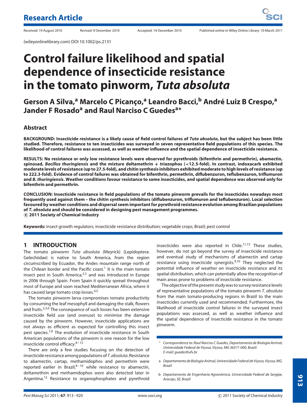 Control Failure Likelihood and Spatial Dependence of Insecticide