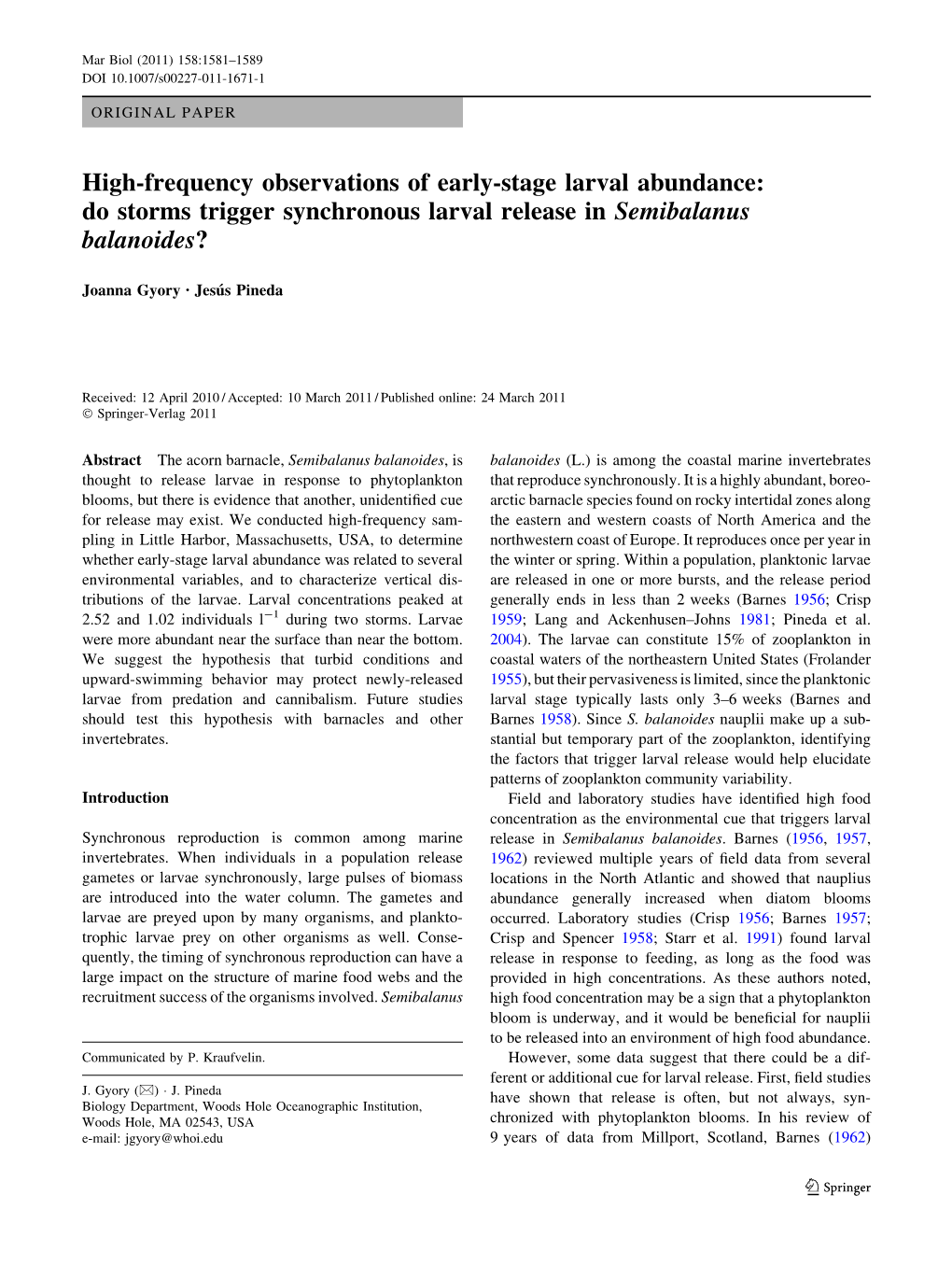 Do Storms Trigger Synchronous Larval Release in Semibalanus Balanoides?