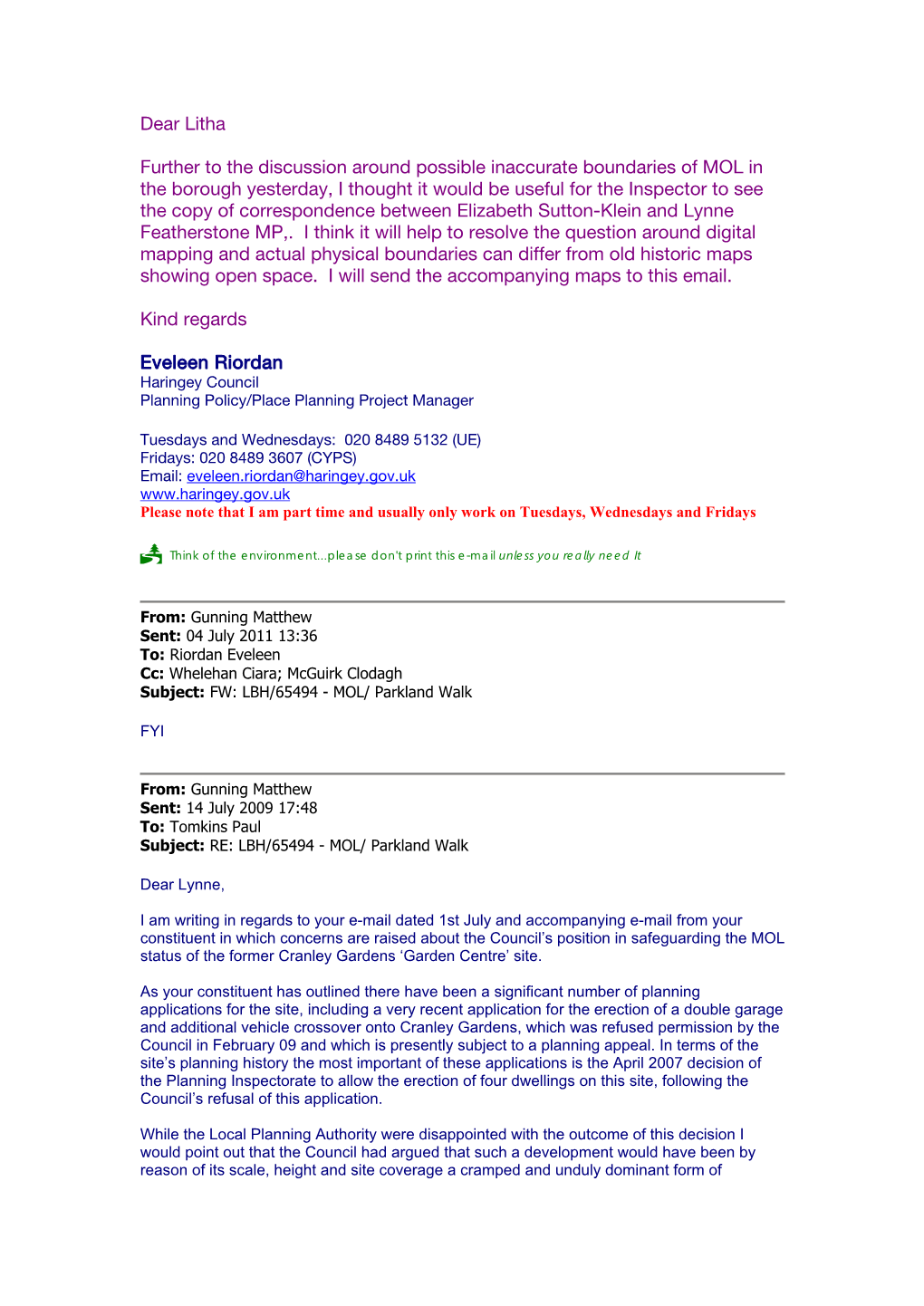 Email Between Lynne Featherstone and Elizabeth